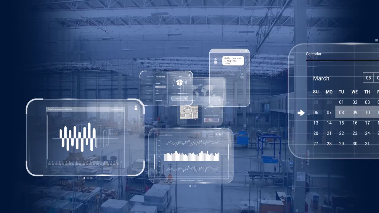 animación del procesamiento de datos en pantallas sobre el almacén