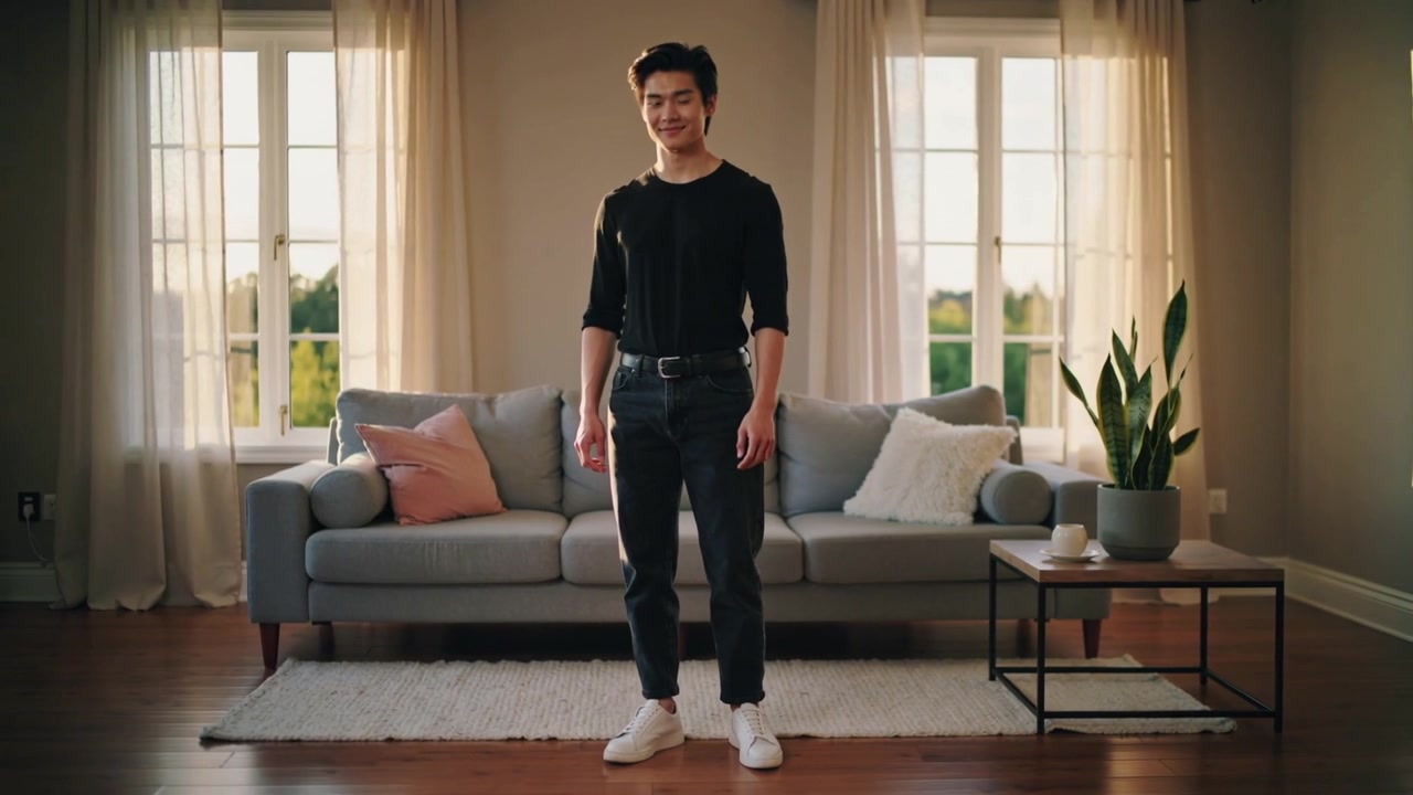 Camera recording, man in black shirt shifting weight, smiling in living-room near sofa and plant