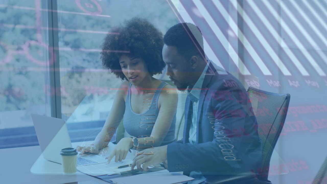 Animation of financial data processing over diverse business people in office