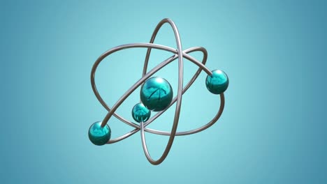 animation of atom model spinning on blue background