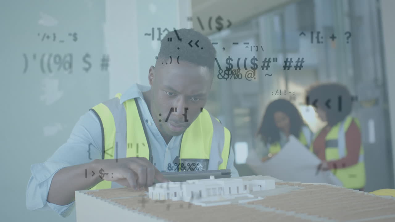 animación de procesamiento de datos sobre ingeniero masculino biracial en chaleco de alta visibilidad con modelo de edificio 3d