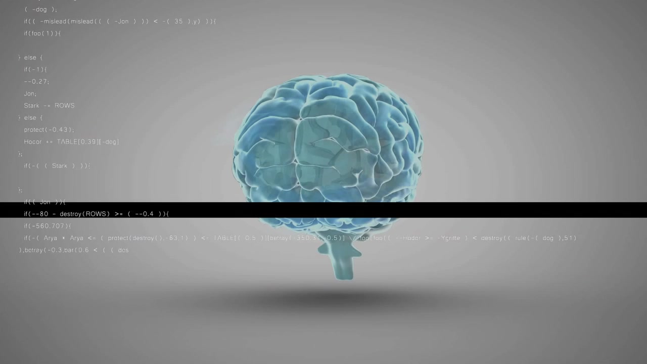 On code scrolling, turquoise 3D brain rotating while glitch bar animating neural data visualization