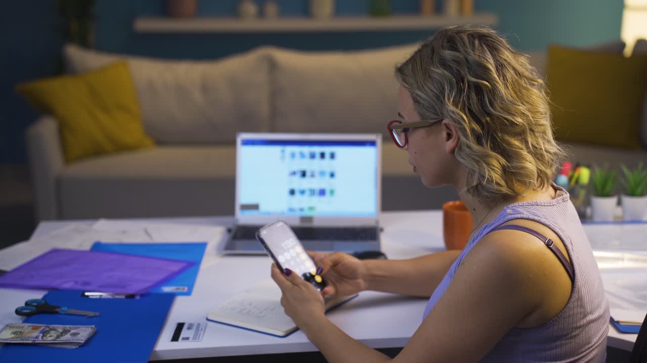 la mujer que se ocupa del comercio electrónico mira los productos y hace cálculos.