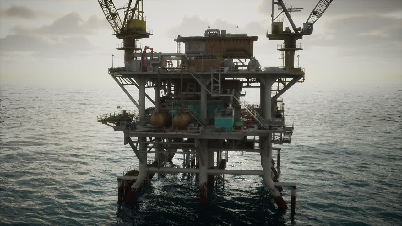 Rusting oil rig platform amidst the ocean