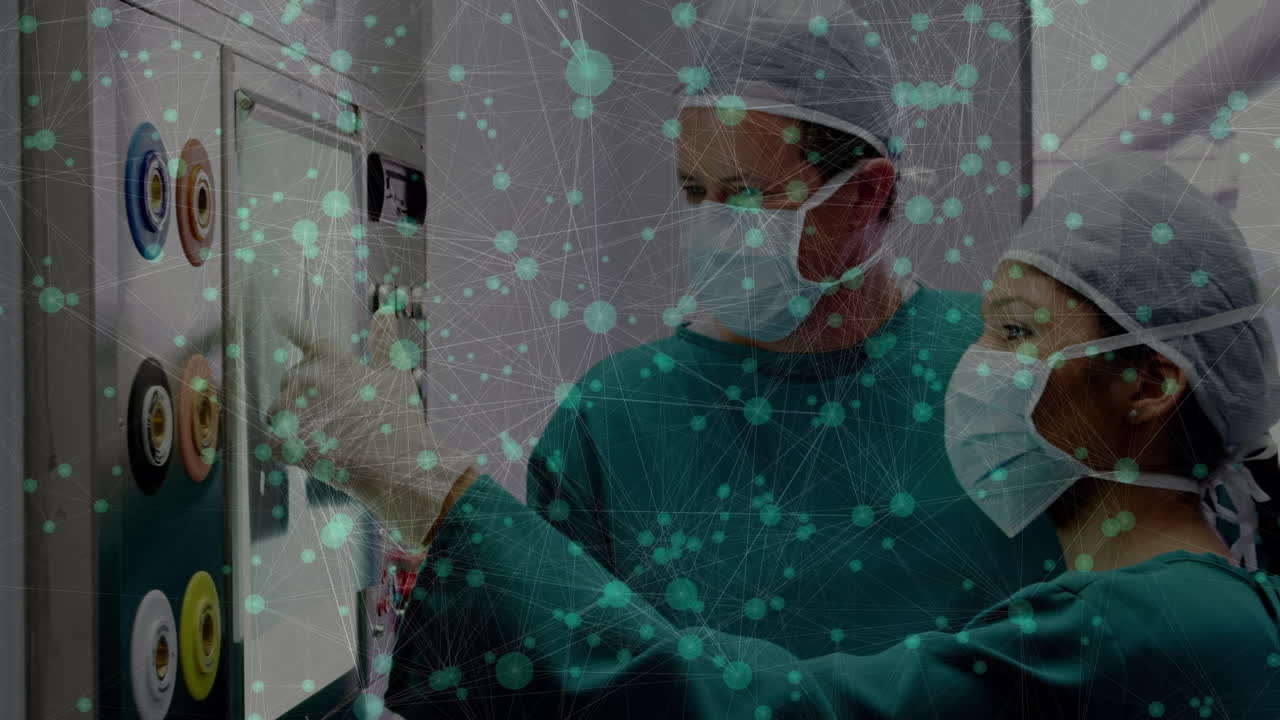 백인 남녀 외과 의사들이 병원에서 토론하는 연결망의 애니메이션