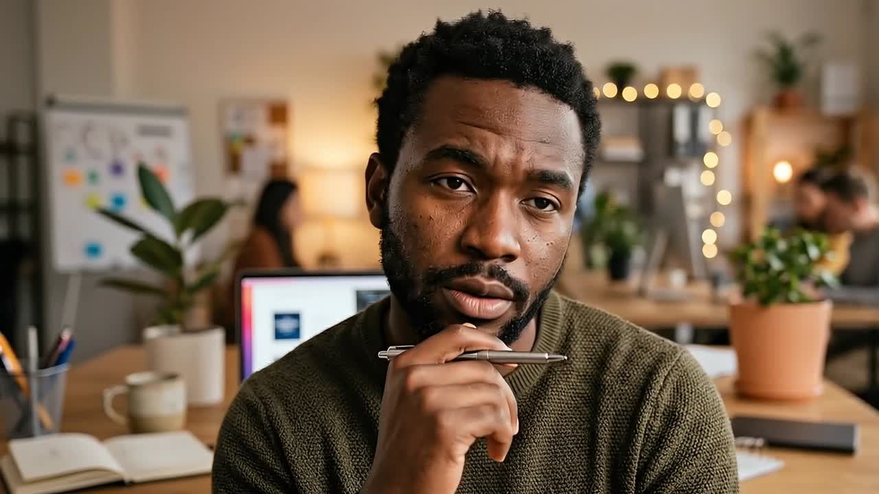 Thoughtful man holding pen near mouth looking away while working at desk in modern office environment