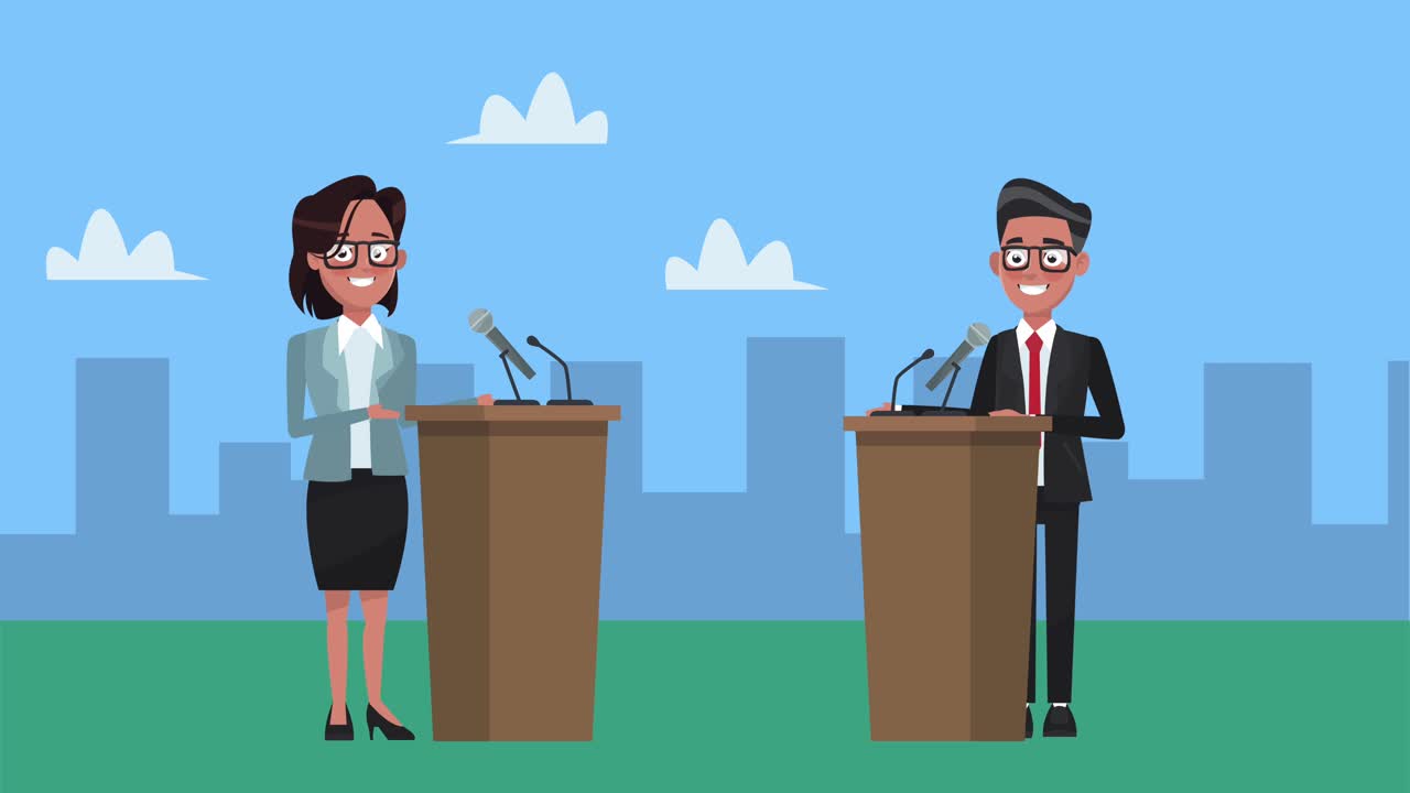 parejas de candidatos hablando en podios personajes