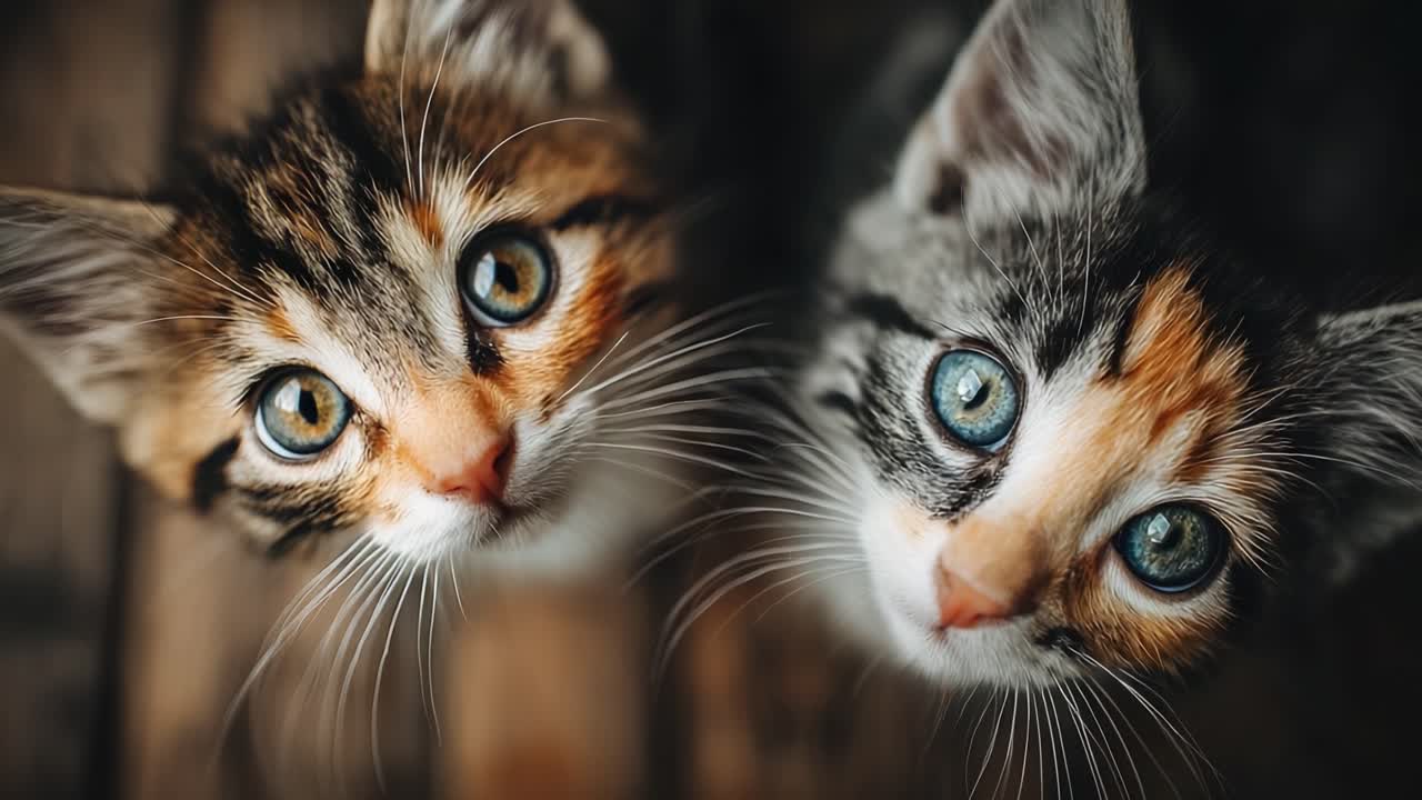 Due gattini curiosi: un adorabile primo piano di felini giocosi con occhi penetranti, evidenziando le loro caratteristiche uniche e personalità espressive in un momento commovente.