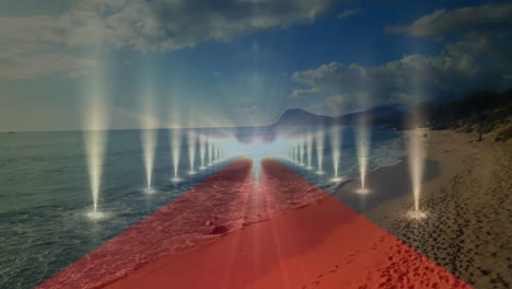 Glowing lights forming pathway over ocean and beach under cloudy sky in animation