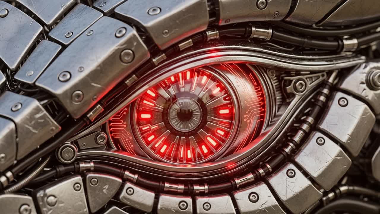 A Close-Up of a Futuristic Cybernetic Eye, Glowing with Red Light and Surrounded by Intricate Mechanical Components, Showcasing Advanced Technology in Robotics