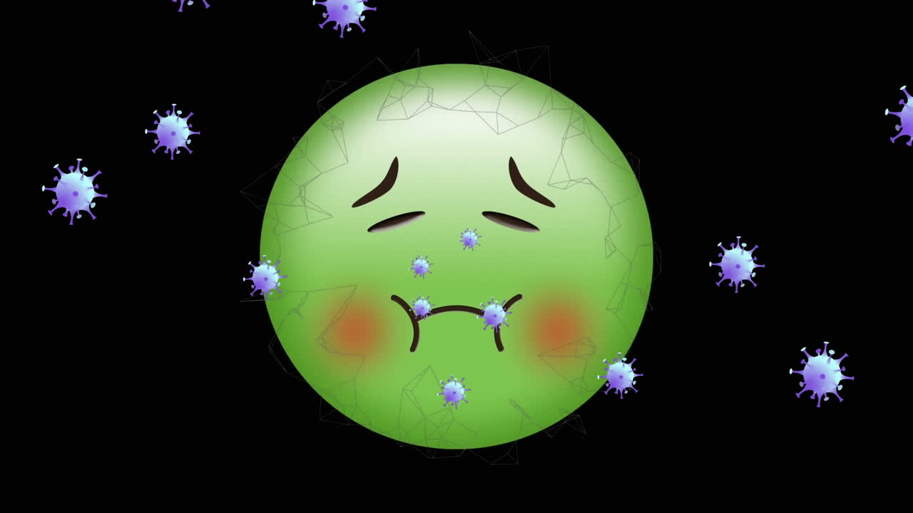 아픈 이모티콘 위에 떨어지는 코로나19 세포의 애니메이션