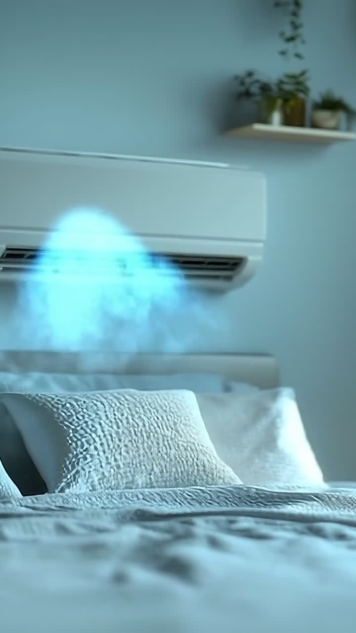 Cozy bedroom with air conditioning unit. A calm bedroom boasts a comfy bed with soft pillows and cool air from the AC above.