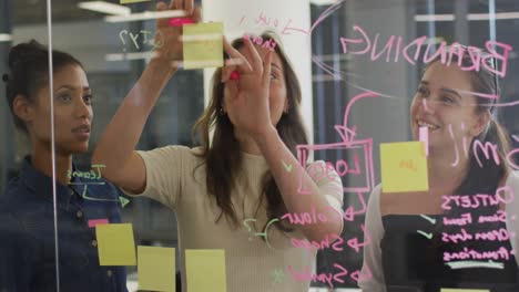 diverse group of female work colleagues brainstorming putting sticky notes on glass wall