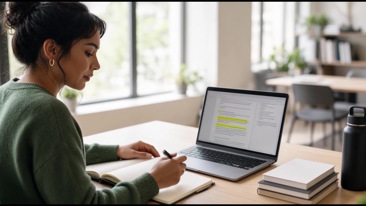 Young Woman Studying and Taking Notes on Laptop in Modern Office