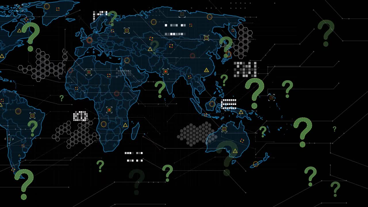 animación de iconos de signos de interrogación sobre el procesamiento de datos y el mapa del mundo sobre fondo negro