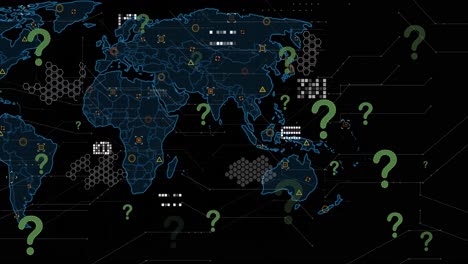 Animación-De-Iconos-De-Signos-De-Interrogación-Sobre-Procesamiento-De-Datos-Y-Mapa-Mundial-Sobre-Fondo-Negro