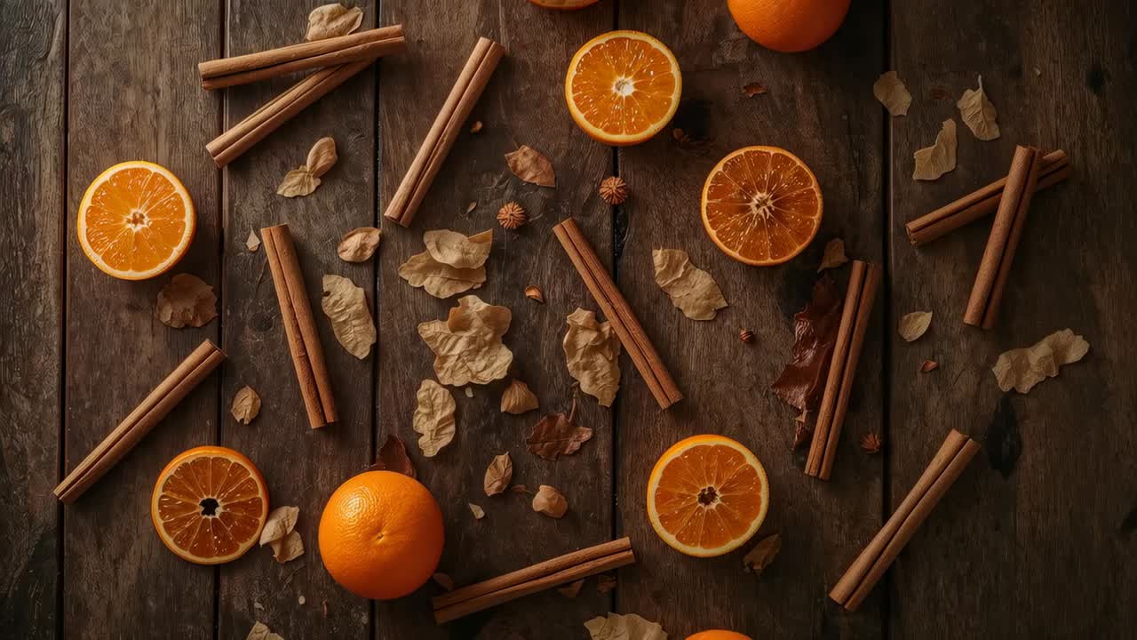 Zooming camera closer on plank, revealing orange segments, cinnamon sticks and wood grain