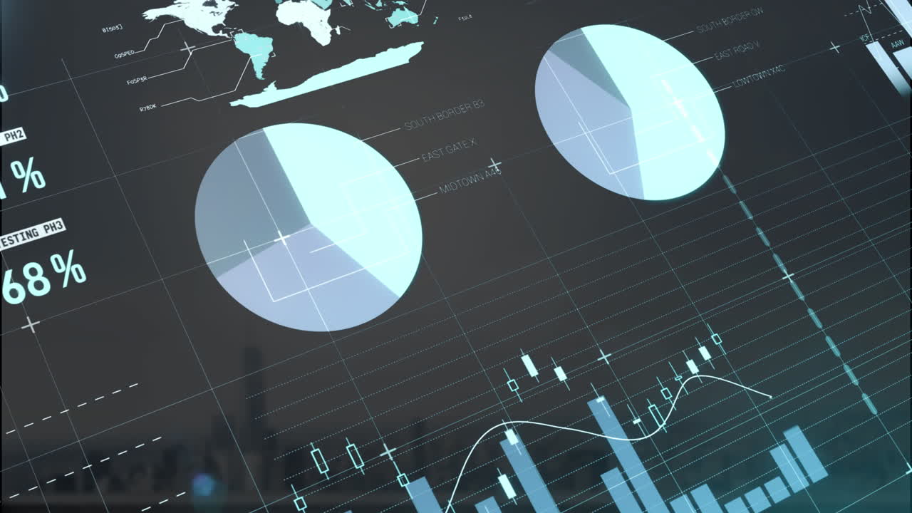 Animation of infographic interface over fog covered modern cityscape against cloudy sky