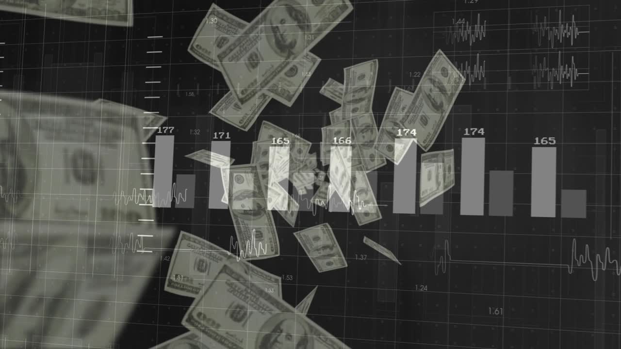 Üst köşelerden süzülen USD banknotları, bir küme oluşturarak ızgara içinde dönüyor ve grafik değerlerini ortaya çıkarıyor.