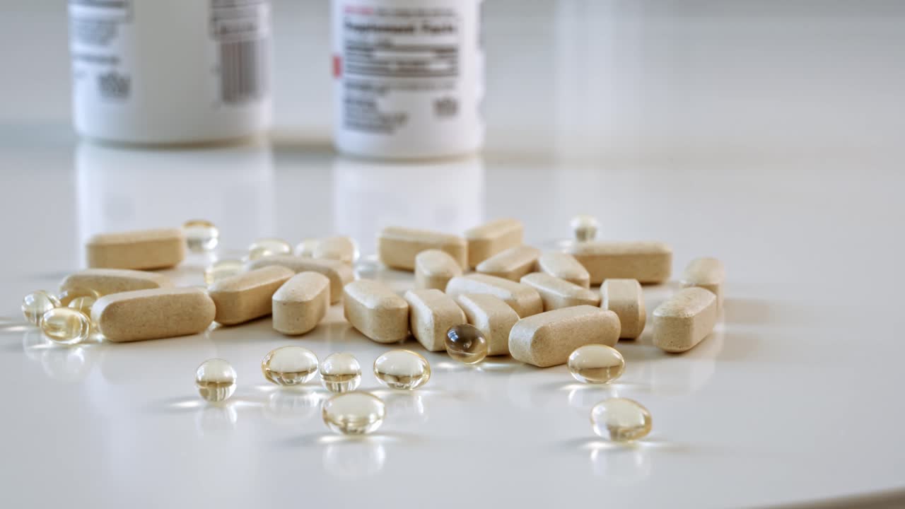 A lot of vitamin pills lying on the table near two bottles. Health improvement idea
