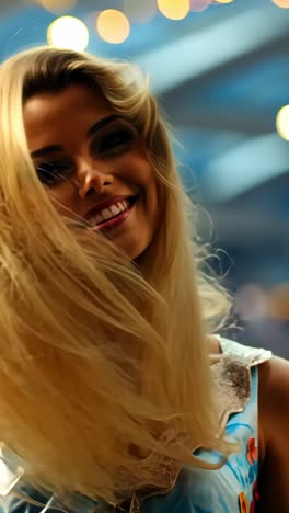 smiling woman in colorful dress at a lively event under bright lights