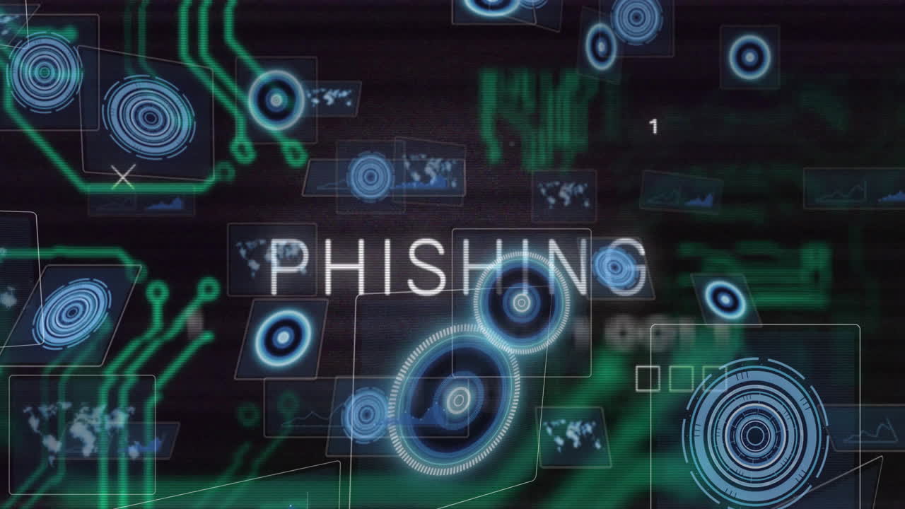 Animation of PHISHING text with abstract data and target symbols in digital security