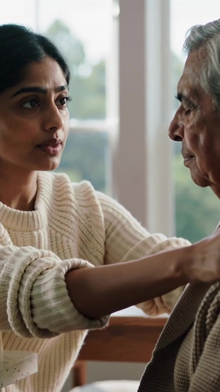 Vertical video: After delivery woman in sweater securing bags with ring in kitchen, comforting him
