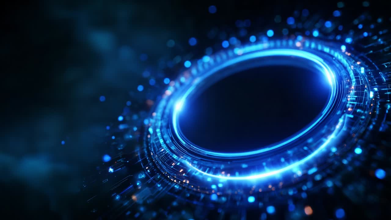 A mesmerizing visual representation of an abstract glowing circular design featuring radiant blue and orange hues against a dark background, symbolizing technology, energy, and digital artistry