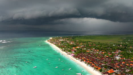 Nusa-Lembongan-Island-Beach,-Town-And-Sea-During-Typhoon-With-Dark-Clouds-In-Bali,-Indonesia