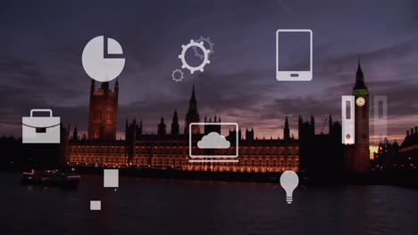 animation of business icons over london cityscape