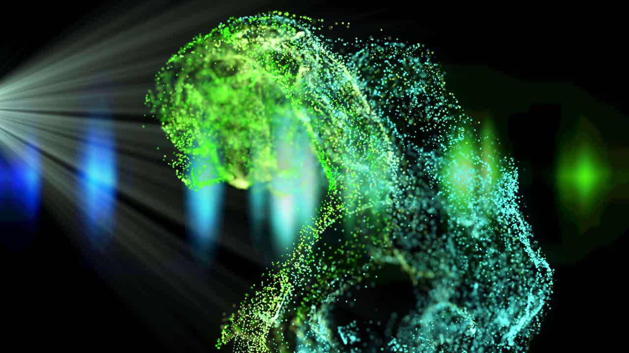 Animation of green and blue particles in white light beam and blue lights on black background