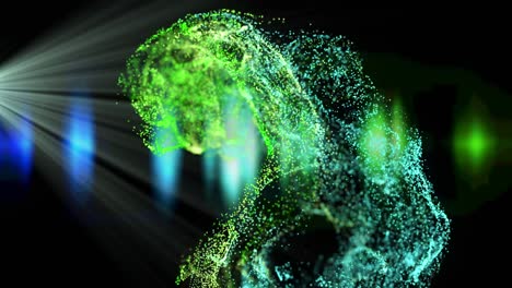 animation of green and blue particles in white light beam and blue lights on black background