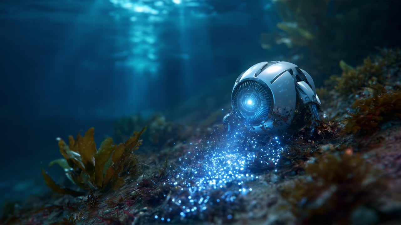 Robot subacqueo futuristico che emette particelle scintillanti in un ambiente sottomarino tra vivaci flora marina e soffusa luce oceanica