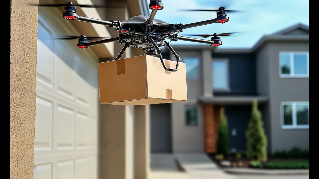 A drone delivery is flying over a house. The drone is carrying the box