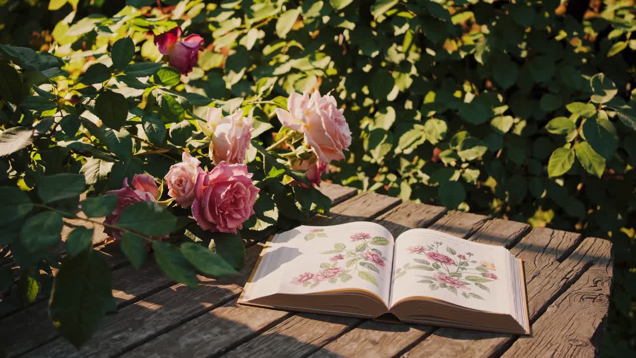 Ein Nahaufnahme-Video zeigt ein offenes Buch mit floralen Illustrationen auf einem rustikalen Holztisch