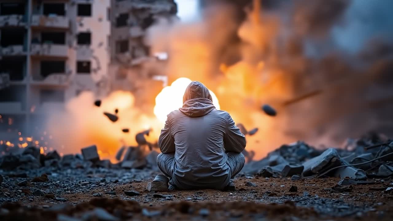 A person sitting on the ground in front of a burning building