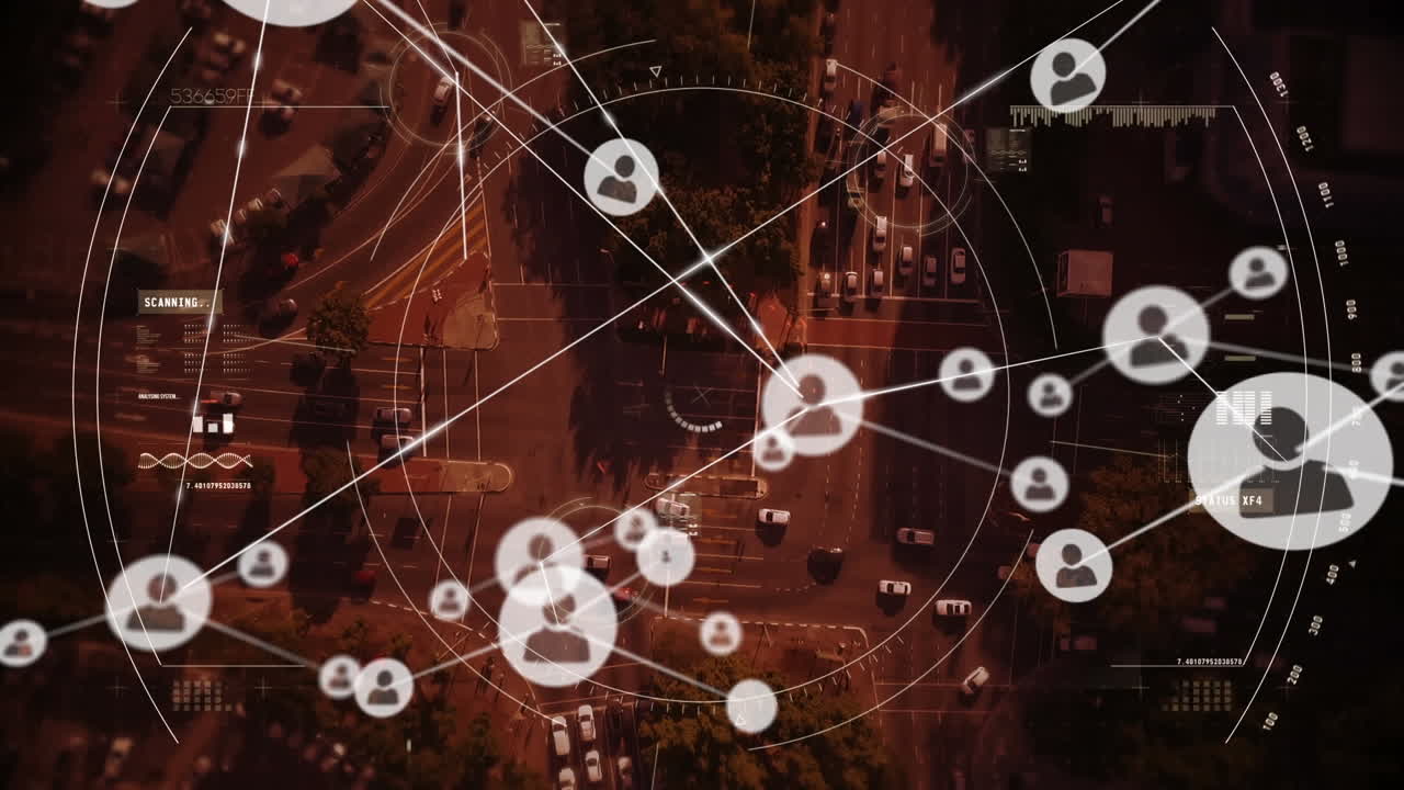 animación de la red de conexiones con iconos sobre el paisaje urbano