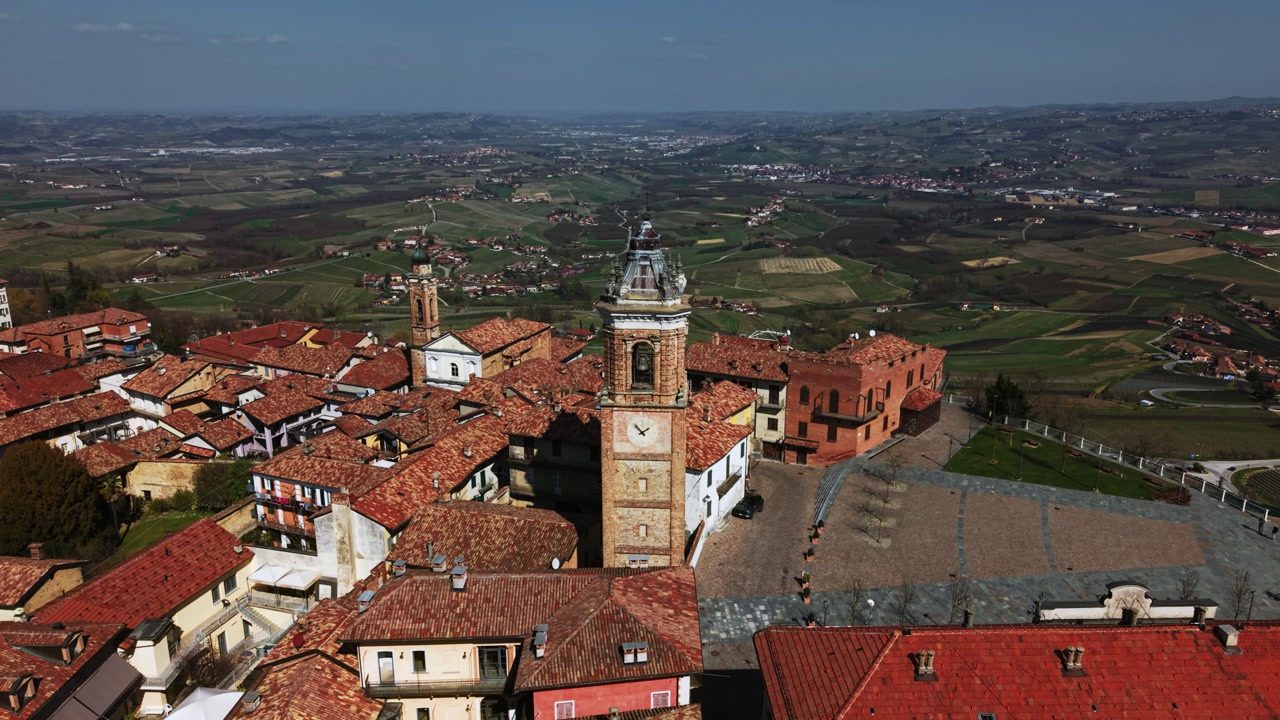 Aerial view of La Morra old town and Piazza Castello in Cuneo Langhe region, Piedmont, Italy, drone