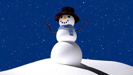 Animation-of-winter-scenery-with-snowman-on-blue-background