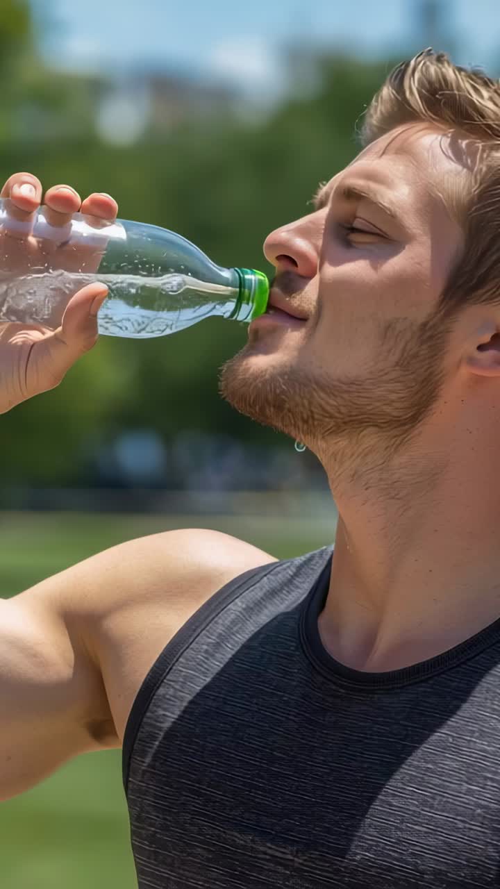 Vertical video: Drinking man in sleeveless top tilting bottle green cap in grassy field, hydrating