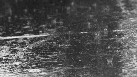 close up shot of heavy raindrops shattering on an asphalt road in the rain