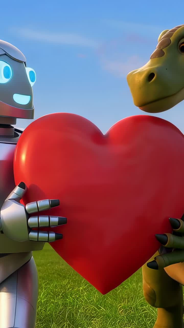 Video verticale: robot che tiene in mano un grande cuore rosso in un campo e un dinosauro verde appoggiato che si struscia contro il cuore, creando un legame