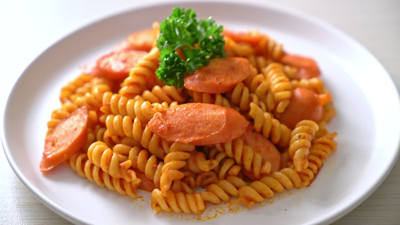 토마토 소스와 소시지를 곁들인 스파이럴 또는 스파이럴리 파스타 - 이탈리아 음식 스타일