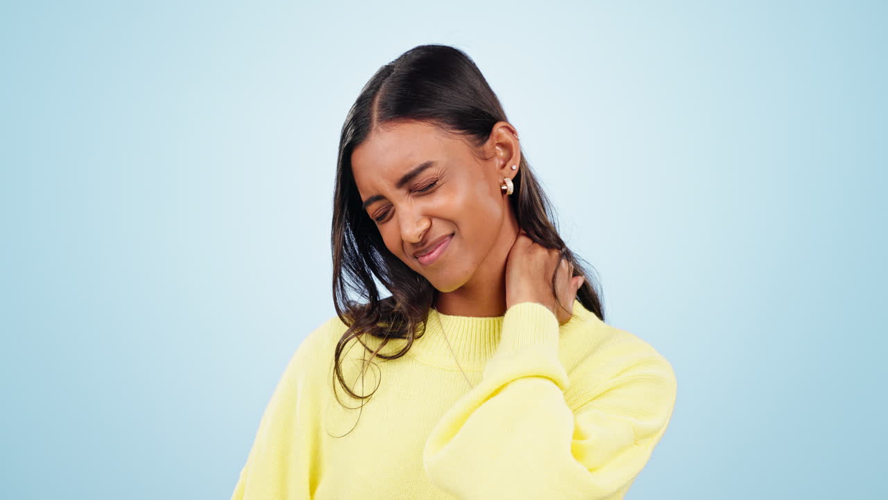 Burnout, tired and a woman with neck pain