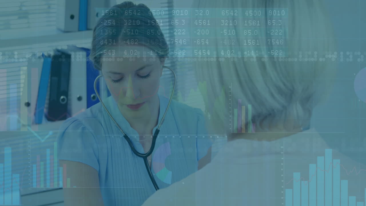 Female doctor using stethoscope on female patient in clinic, showing floating charts binders blinds