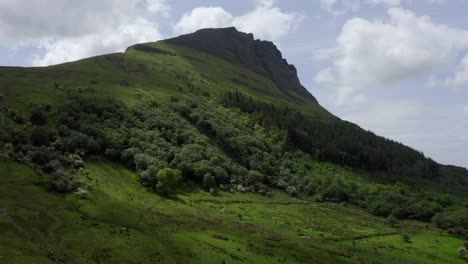 benwiskin mountain sligo, ireland, june 2021. drone ascends the western face flying over stoney fields, craggy hillsides and leafy woodland.