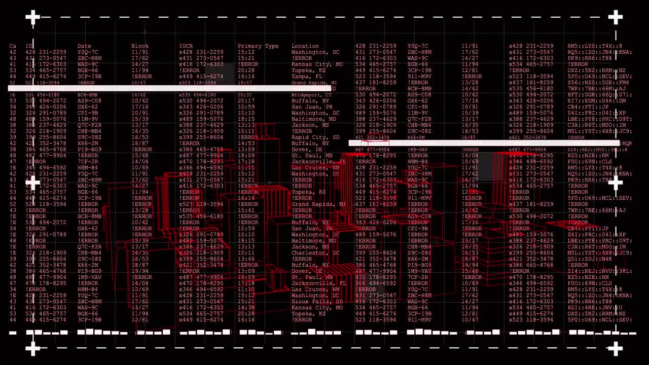 animación de pantalla digital negra con procesamiento de datos