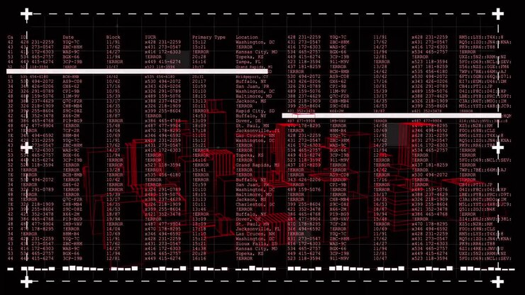 Animation of black digital screen with data processing
