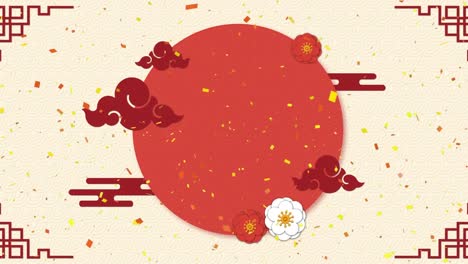 Animation-of-chinese-traditional-decorations-and-confetti-with-circle-on-cream-background