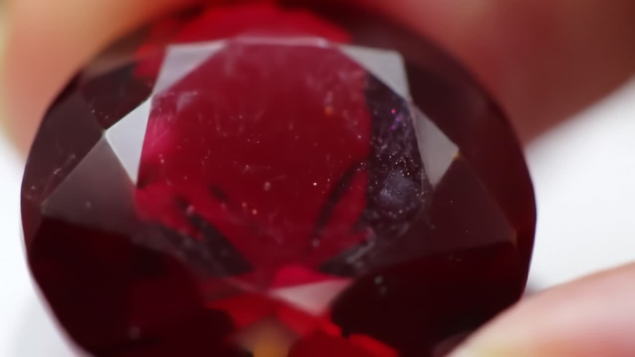 Close-Up Exploration of a Brilliant Red Gemstone: Captivating Details of Light Reflection and Intricate Faceting Showcase Its Natural Beauty and Radiance